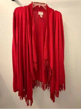 Chico's Red Open-Front Fringe Cardigan
